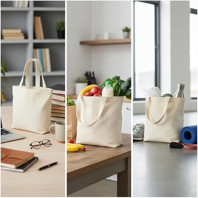 Plain White Cotton Tote Grocery Shopping Bags With long Handles