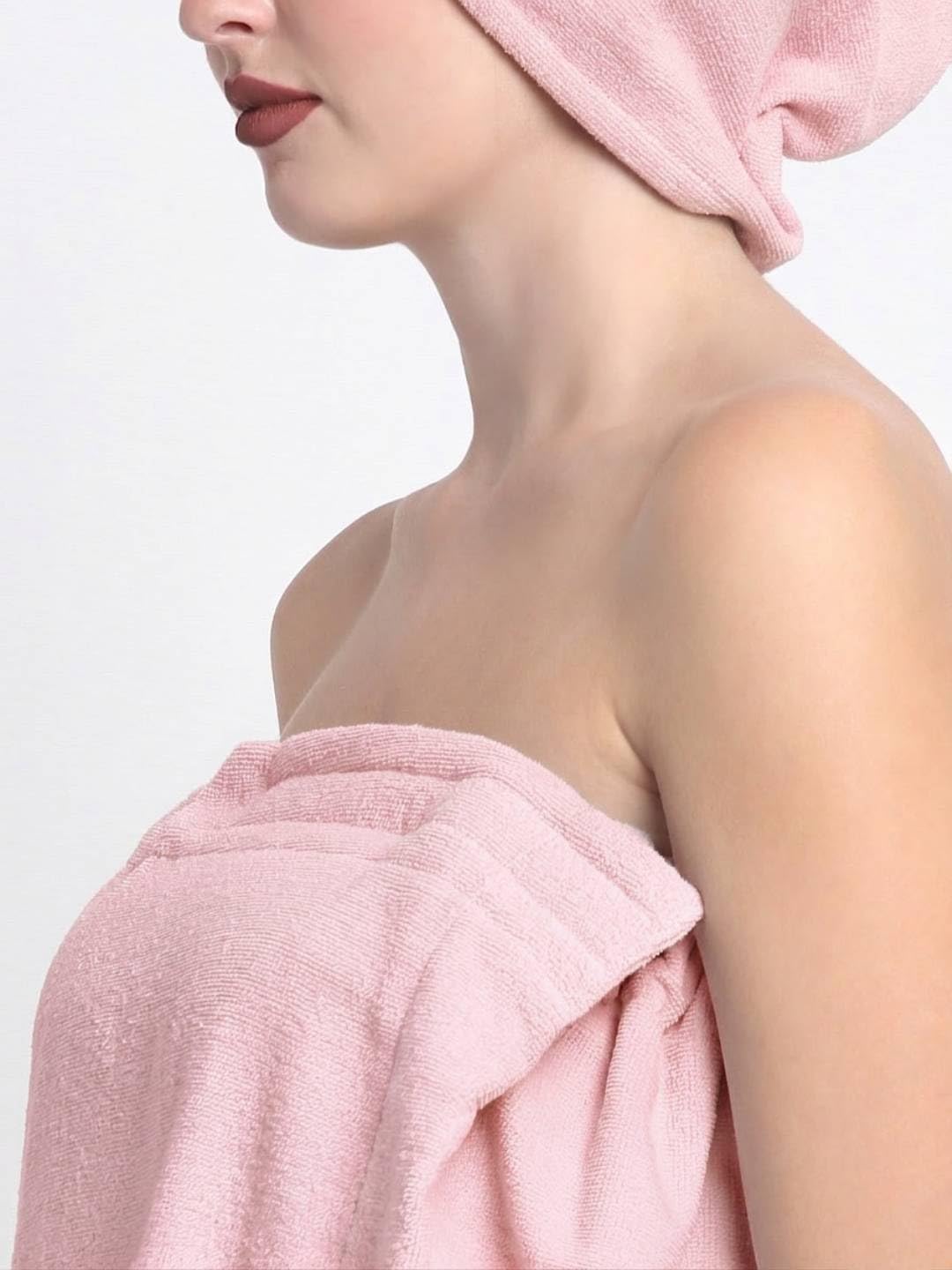 CREEVA Luxury 100% Cotton Women's Bath Wrap Towel, 380 GSM, High Absorbent, Soft Velour and Quick-Dry, Adjustable One Size Body Wrap - Pink