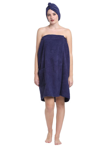 CREEVA Luxury 100% Cotton Women's Bath Wrap Towel, 380 GSM, High Absorbent, Soft Velour and Quick-Dry, Adjustable One Size Body Wrap - Navy Blue