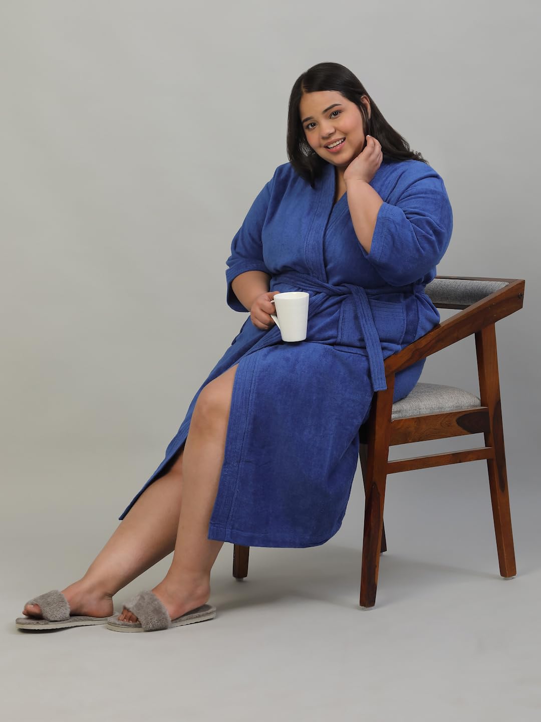 CREEVA Plus Size Luxury Pure Cotton Bathrobe for Men & Women | Comfortable & Soft Velour Feel | Kimono Collar | Royal Blue