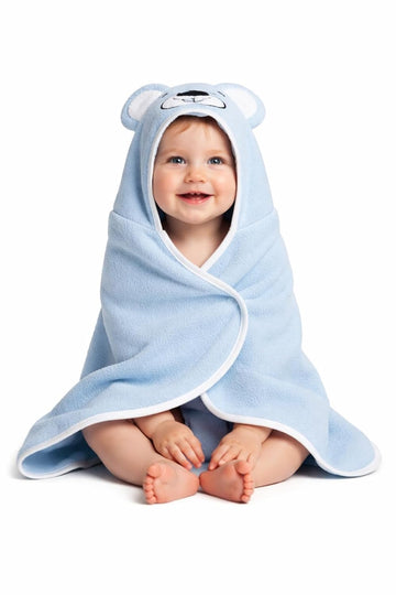 CREEVA Cuddle Baby/Kids Hooded Bath Towel in Light Blue – Soft 100% Cotton with Cute Cartoon Face & 3D Ears, Super Absorbent Bath Wrap for Newborns & Toddlers | (0-5 Years)