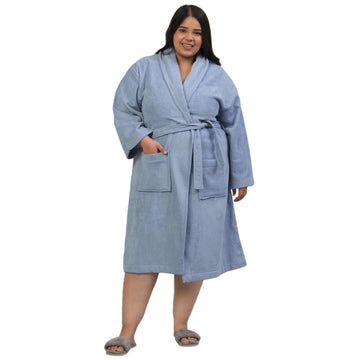 CREEVA Plus Size Luxury Pure Cotton Bathrobe for Men & Women | Comfortable & Soft Velour Feel | Shawl Collar | Light Blue