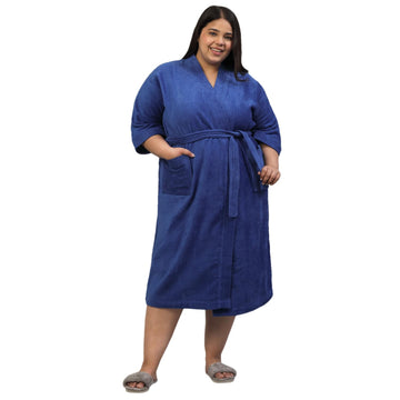 CREEVA Plus Size Luxury Pure Cotton Bathrobe for Men & Women | Comfortable & Soft Velour Feel | Kimono Collar | Royal Blue