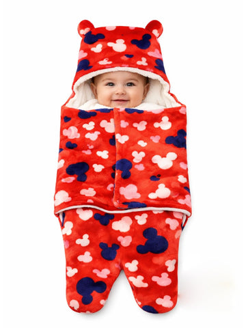 CREEVA Cuddle Newborn Baby Hooded Swaddle Wearable Blanket | Fleece Outer, 100% Cotton Inner | for Baby Boy & Girl | Red | 0-9 Months