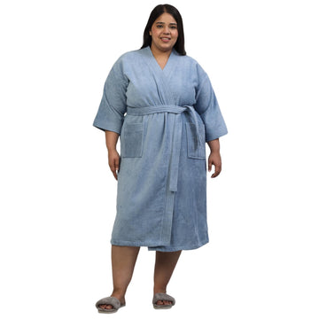 CREEVA Plus Size Luxury Pure Cotton Bathrobe for Men & Women | Comfortable & Soft Velour Feel | Kimono Collar | Light Blue
