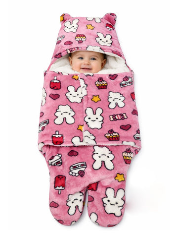 CREEVA Cuddle Newborn Baby Hooded Swaddle Wearable Blanket | Fleece Outer, 100% Cotton Inner | Baby Boy & Girl | Light Pink | 0–9 Months