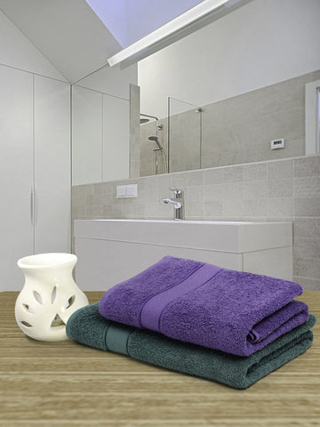 CREEVA 100% Terry Cotton Set of 2 Couple Bath Towel | 1 Large 75X150 Cm and 1 Medium 120X60 Cm | Ultra Soft, Highly Absorbent and Quick Dry Towels for Men & Women Daily Use Bath Set of 2 - Dark Green & Violet