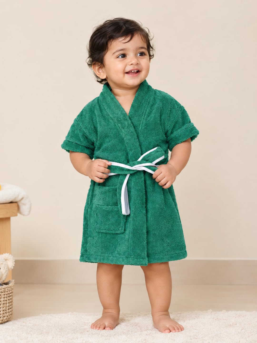 CREEVA Melodious Baby Cotton Bathrobe with Front Pocket – Soft, Snug & Adorable Robe for Infants, Glade Green