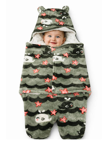 CREEVA Cuddle Newborn Baby Hooded Swaddle Wearable Blanket | Fleece Outer, 100% Cotton Inner | Baby Boy & Girl | Matte Green | 0–9 Months