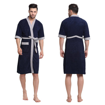 CREEVA Everyday Micro Terry Unisex Bathrobe with Kimono Collar, 3/4 Sleeve, Free Size, Navy & Grey