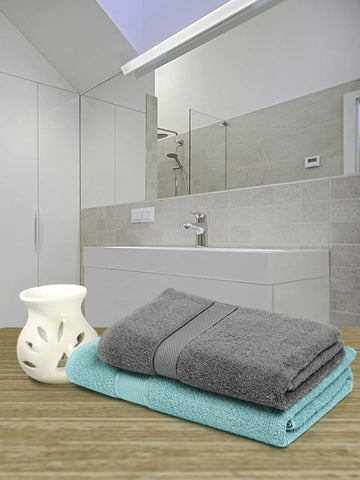 CREEVA 100% Terry Cotton Set of 2 Couple Bath Towel | 1 Large 75X150 Cm and 1 Medium 120X60 Cm | Ultra Soft, Highly Absorbent and Quick Dry Towels for Men & Women Daily Use Bath Set of 2 - Sea Green & Grey