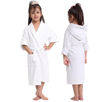 CREEVA Premium Melodious Unisex Hooded Children's Bathrobe - Cozy and Absorbent Robe with Adjustable Belt and Pocket for Kids Ages (White)