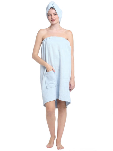 CREEVA Luxury 100% Cotton Women's Bath Wrap Towel, 380 GSM, High Absorbent, Soft Velour and Quick-Dry, Adjustable One Size Body Wrap - Sky Blue