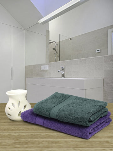 CREEVA 100% Terry Cotton Set of 2 Couple Bath Towel | 1 Large 75X150 Cm and 1 Medium 120X60 Cm | Ultra Soft, Highly Absorbent and Quick Dry Towels for Men & Women Daily Use Bath Set of 2 - Violet & Dark Green