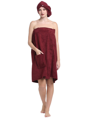 CREEVA Luxury 100% Cotton Women's Bath Wrap Towel, 380 GSM, High Absorbent, Soft Velour and Quick-Dry, Adjustable One Size Body Wrap - Wine