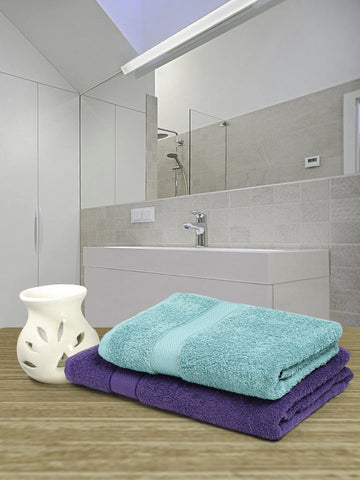 CREEVA 100% Terry Cotton Set of 2 Couple Bath Towel | 1 Large 75X150 Cm and 1 Medium 120X60 Cm | Ultra Soft, Highly Absorbent and Quick Dry Towels for Men & Women Daily Use Bath Set of 2 - Violet & Sea Green