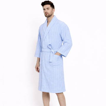 CREEVA Luxury Pure Cotton Bathrobe Stripe Style for Men & Women | Elegant and Soft | Shawl Collar | Light Blue