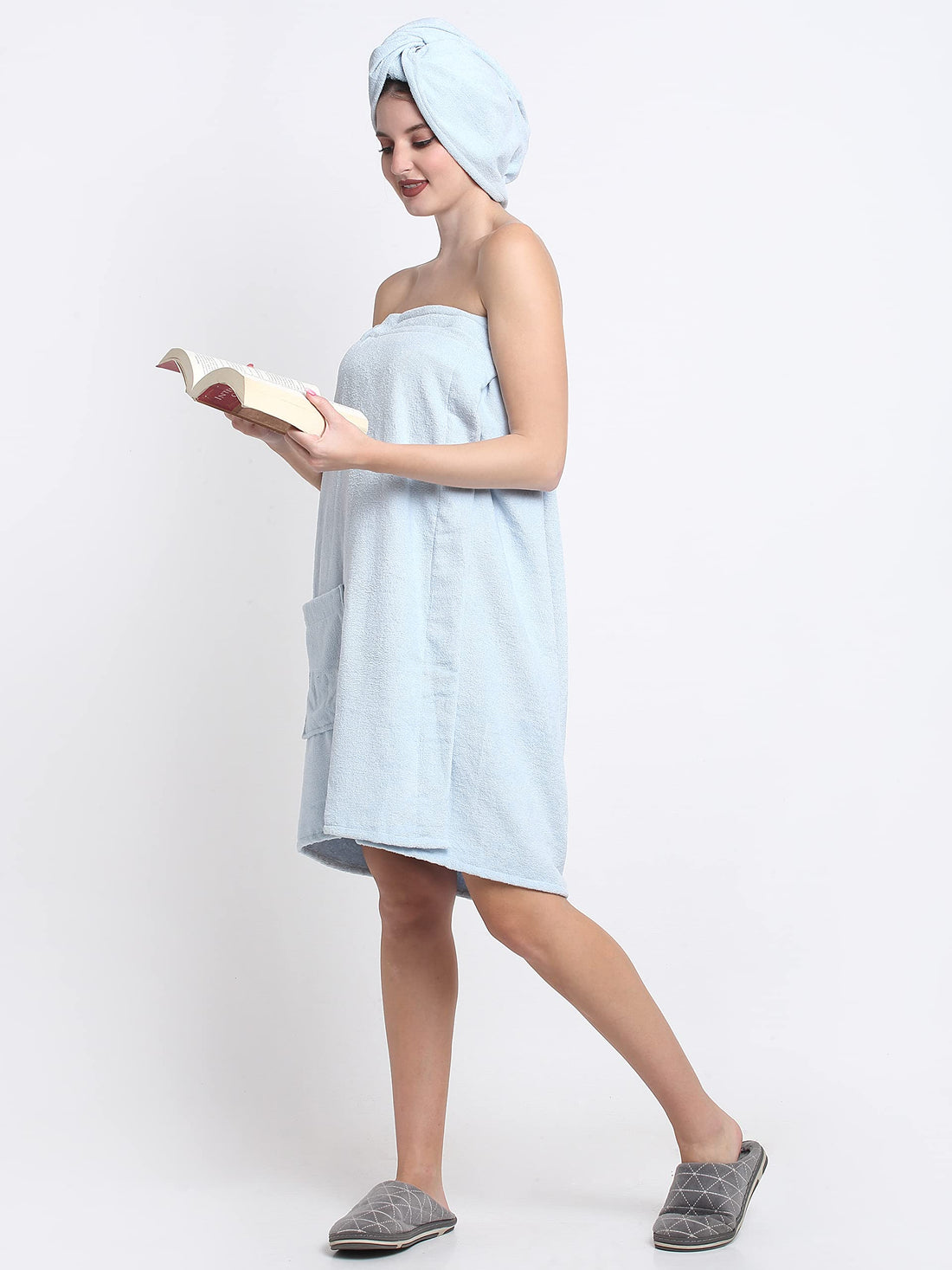 CREEVA Luxury 100% Cotton Women's Set of 1 Hair Wrap and Bath Wrap Combo, 380 GSM, High Absorbent, Soft Velour and Quick-Dry, Adjustable One Size - Sky Blue