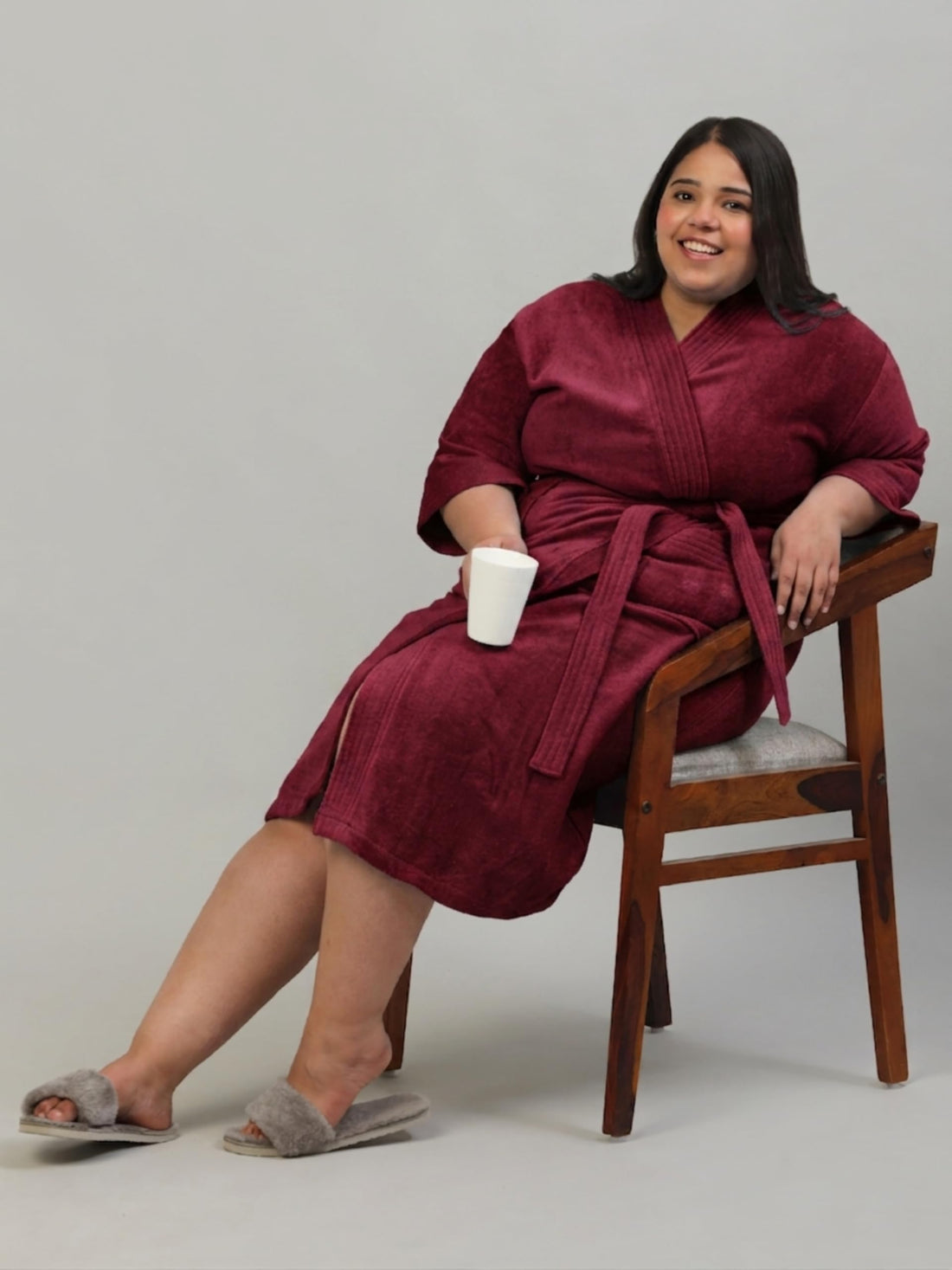 CREEVA Plus Size Luxury Pure Cotton Bathrobe for Men & Women | Comfortable & Soft Velour Feel | Kimono Collar | Wine