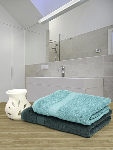 CREEVA 100% Terry Cotton Set of 2 Couple Bath Towel | 1 Large 75X150 Cm and 1 Medium 120X60 Cm | Ultra Soft, Highly Absorbent and Quick Dry Towels for Men & Women Daily Use Bath Set of 2 - Dark Green & Sea Green