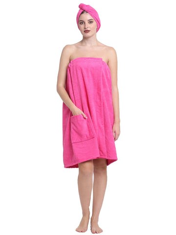 CREEVA Luxury 100% Cotton Women's Bath Wrap Towel, 380 GSM, High Absorbent, Soft Velour and Quick-Dry, Adjustable One Size Body Wrap - Fuchsia