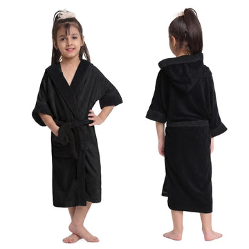 CREEVA Premium Melodious Unisex Hooded Children's Bathrobe - Cozy and Absorbent Robe with Adjustable Belt and Pocket for Kids Ages (Black)