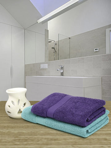 CREEVA 100% Terry Cotton Set of 2 Couple Bath Towel | 1 Large 75X150 Cm and 1 Medium 120X60 Cm | Ultra Soft, Highly Absorbent and Quick Dry Towels for Men & Women Daily Use Bath Set of 2 - Sea Green & Violet