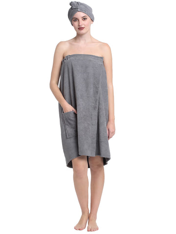 CREEVA Luxury 100% Cotton Women's Bath Wrap Towel, 380 GSM, High Absorbent, Soft Velour and Quick-Dry, Adjustable One Size Body Wrap - Charcoal