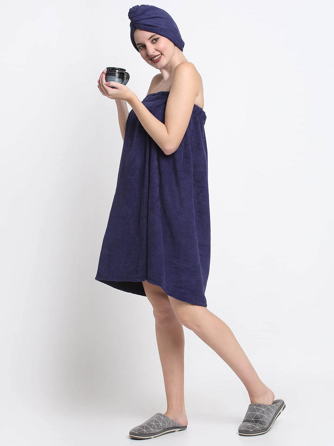 CREEVA Luxury 100% Cotton Women's Bath Wrap Towel, 380 GSM, High Absorbent, Soft Velour and Quick-Dry, Adjustable One Size Body Wrap - Navy Blue