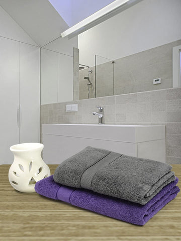 CREEVA 100% Terry Cotton Set of 2 Couple Bath Towel | 1 Large 75X150 Cm and 1 Medium 120X60 Cm | Ultra Soft, Highly Absorbent and Quick Dry Towels for Men & Women Daily Use Bath Set of 2 - Violet & Grey