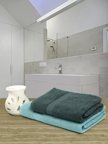 CREEVA 100% Terry Cotton Set of 2 Couple Bath Towel | 1 Large 75X150 Cm and 1 Medium 120X60 Cm | Ultra Soft, Highly Absorbent and Quick Dry Towels for Men & Women Daily Use Bath Set of 2 - Sea Green & Dark Green