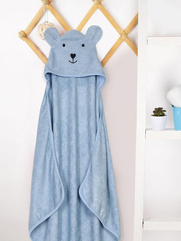 CREEVA Cuddle Baby/Kids Hooded Bath Towel in Baby Blue – Soft 100% Cotton with Cute Cartoon Face & 3D Ears, Super Absorbent Bath Wrap for Newborns & Toddlers | (0-5 Years)
