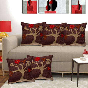 CREEVA Set of 5 Velvet Cushion Covers | Tree Design Brown | 16 x 16 INCH or 40 x 40 CM