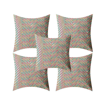 CREEVA Multi Color Silk Fabric Zigzag Design Sofa Cushion Cover for Bedroom, Living Room, Office 16 x 16 Inch or 40 x 40 cm, (Pack of 5) (Cream)