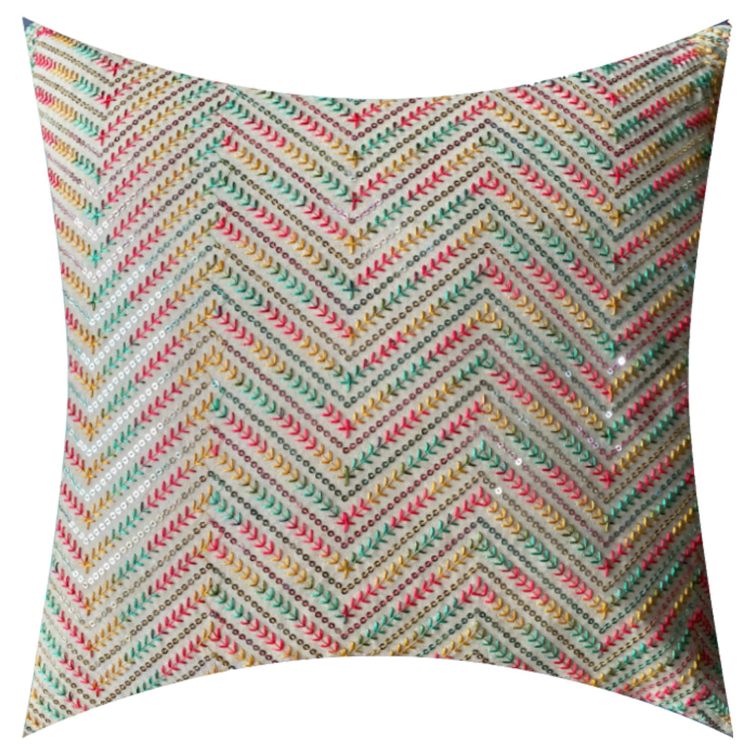 CREEVA Multi Color Silk Fabric Zigzag Design Sofa Cushion Cover for Bedroom, Living Room, Office 16 x 16 Inch or 40 x 40 cm, (Pack of 5) (Cream)