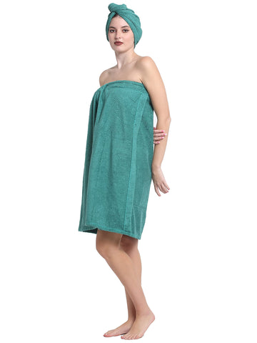 CREEVA Luxury 100% Cotton Women's Set of 1 Hair Wrap and Bath Wrap Combo, 380 GSM, High Absorbent, Soft Velour and Quick-Dry, Adjustable One Size - Green