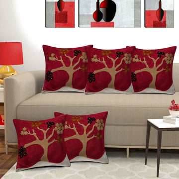 CREEVA Set of 5 Velvet Cushion Covers | Tree Design Maroon | 16 x 16 INCH or 40 x 40 CM