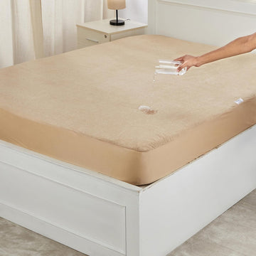 Waterproof Terry Mattress Protector with Elastic Skirting - Beige
