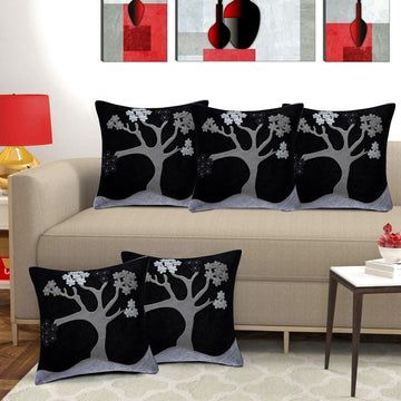 CREEVA Set of 5 Velvet Cushion Covers | Tree Design Black | 16 x 16 INCH or 40 x 40 CM
