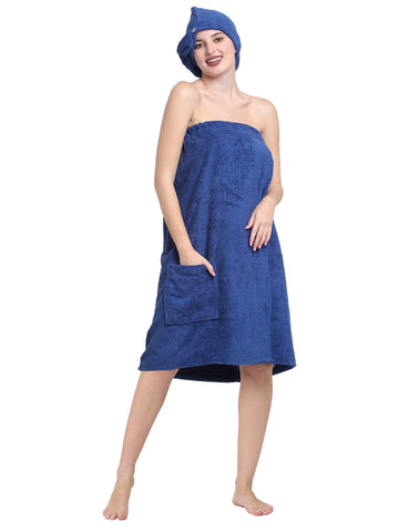 CREEVA Luxury 100% Cotton Women's Bath Wrap Towel, 380 GSM, High Absorbent, Soft Velour and Quick-Dry, Adjustable One Size Body Wrap - Blue