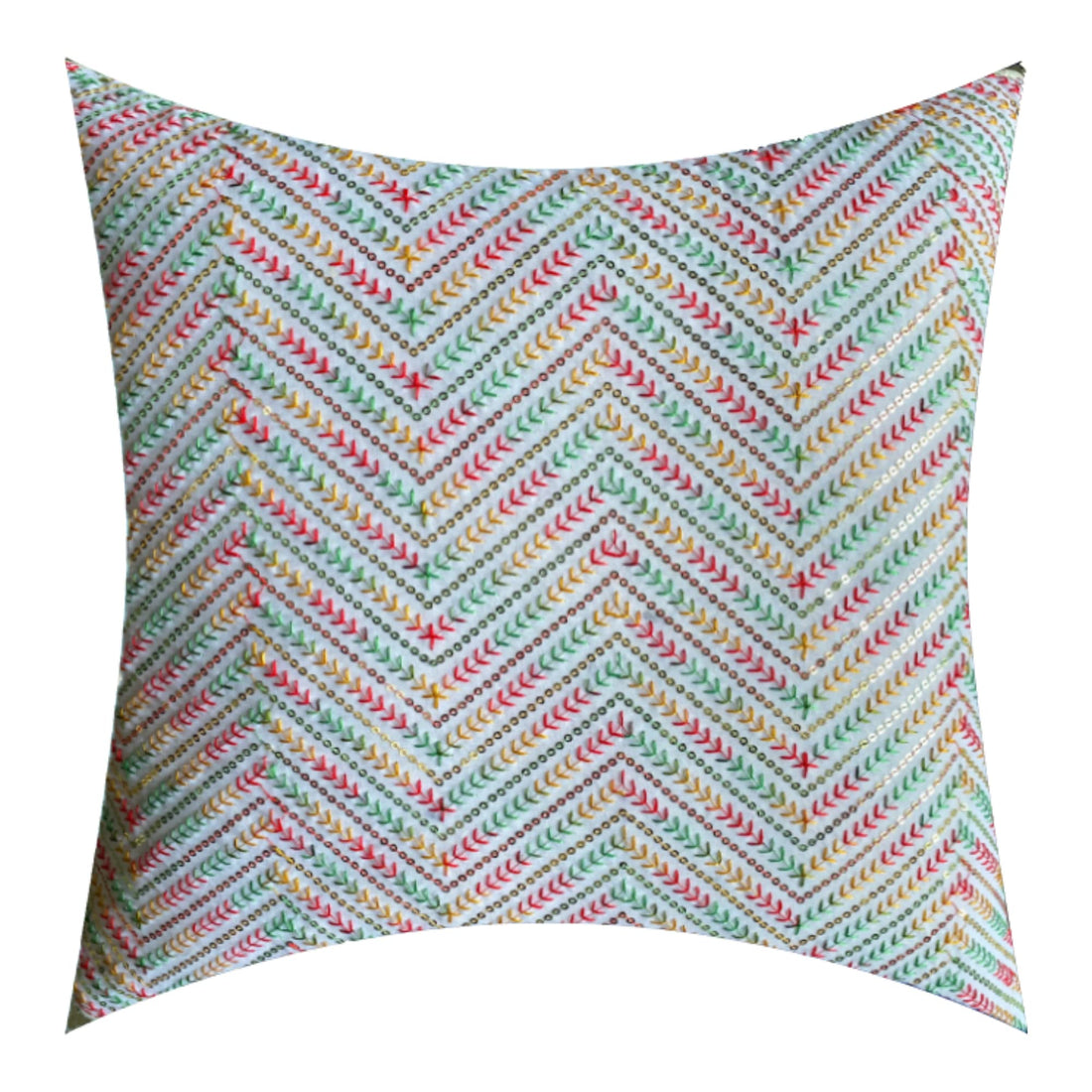 CREEVA Multi Color Silk Fabric Zigzag Design Sofa Cushion Cover for Bedroom, Living Room, Office 16 x 16 Inch or 40 x 40 cm, (Pack of 5) (White)