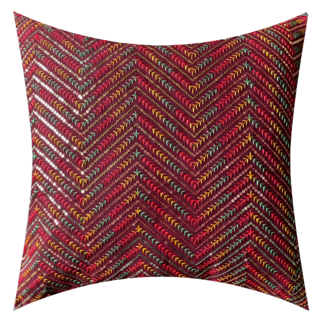 CREEVA Multi Color Silk Fabric Zigzag Design Sofa Cushion Cover for Bedroom, Living Room, Office 16 x 16 Inch or 40 x 40 cm, (Pack of 5) (Red)