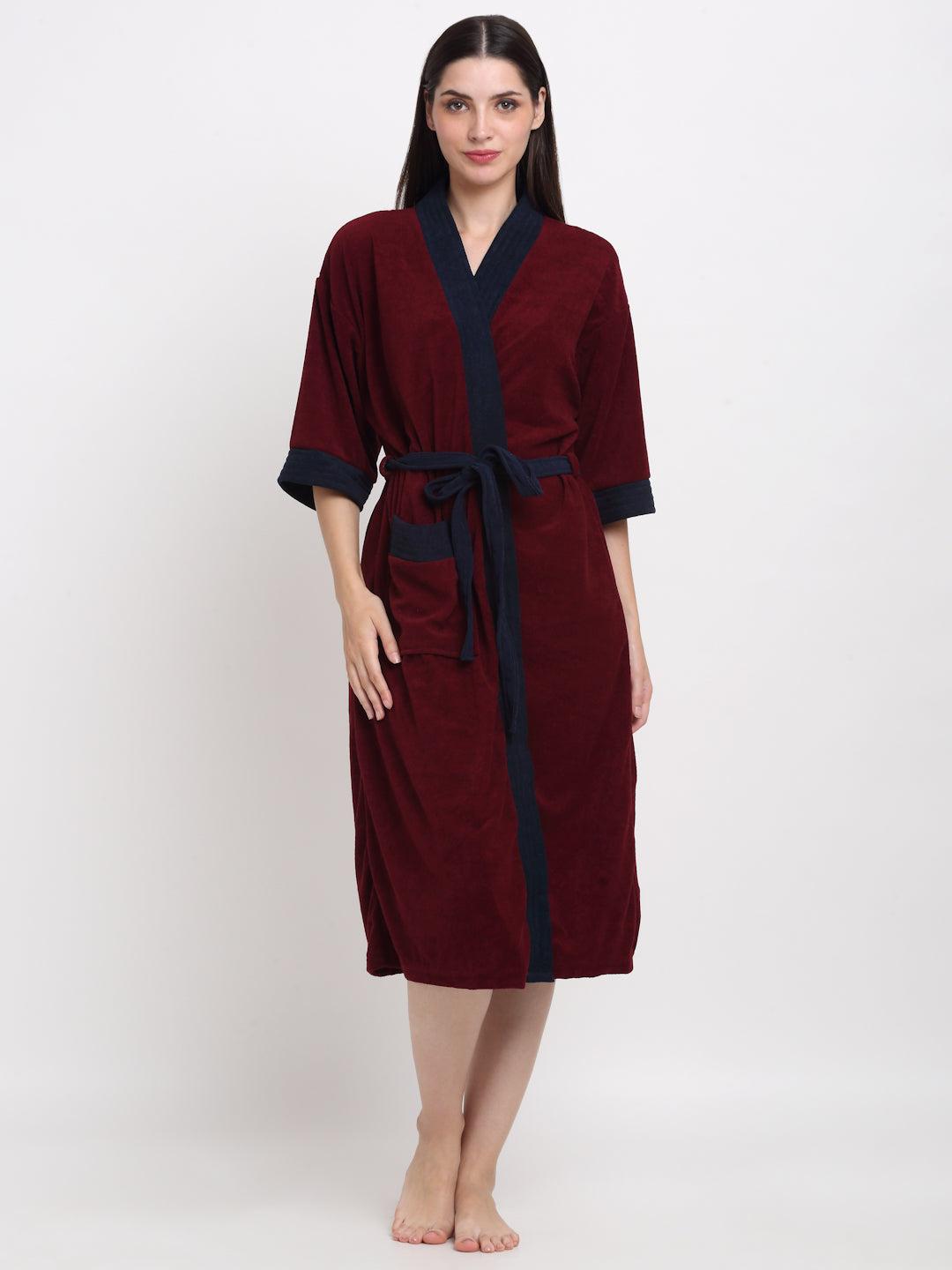 Wine & Navy Soft Bathrobe – Dual-Tone Relaxed Fit for All