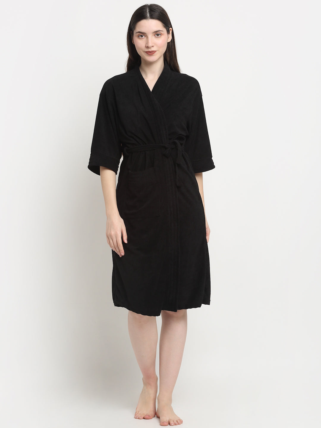 Midnight Black Terry Bathrobe – Modern Kimono-Style Everyday Robe