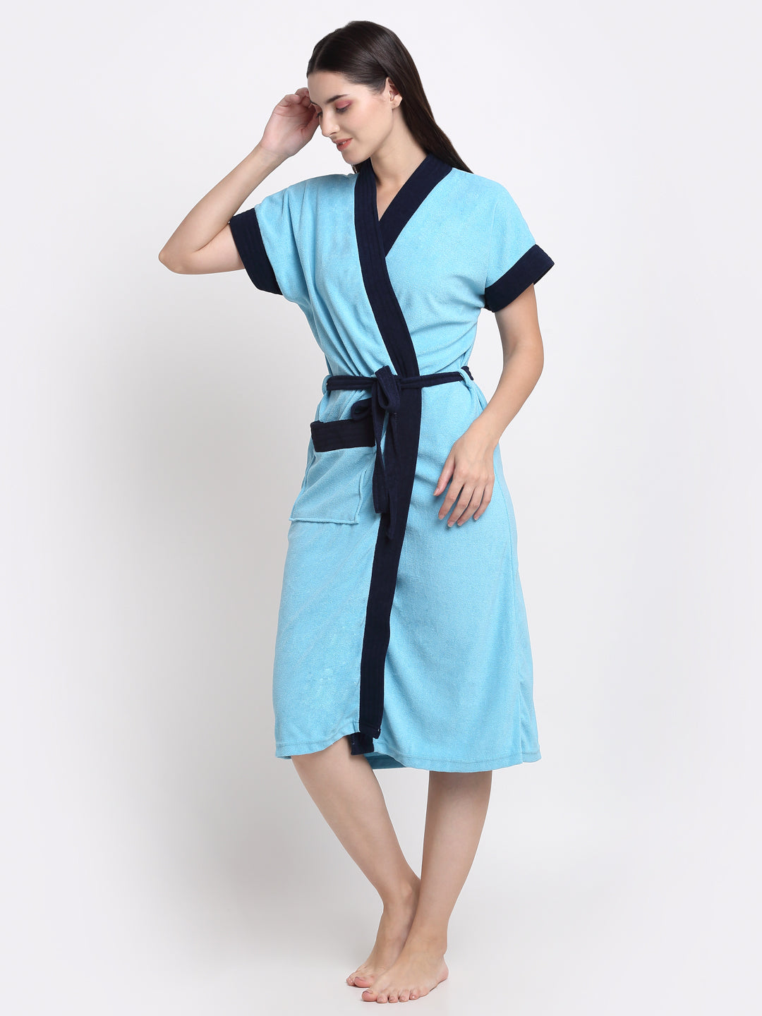 Micro Terry Bathrobe - Ocean Blue & Black | Ultra Comfort, Free Size