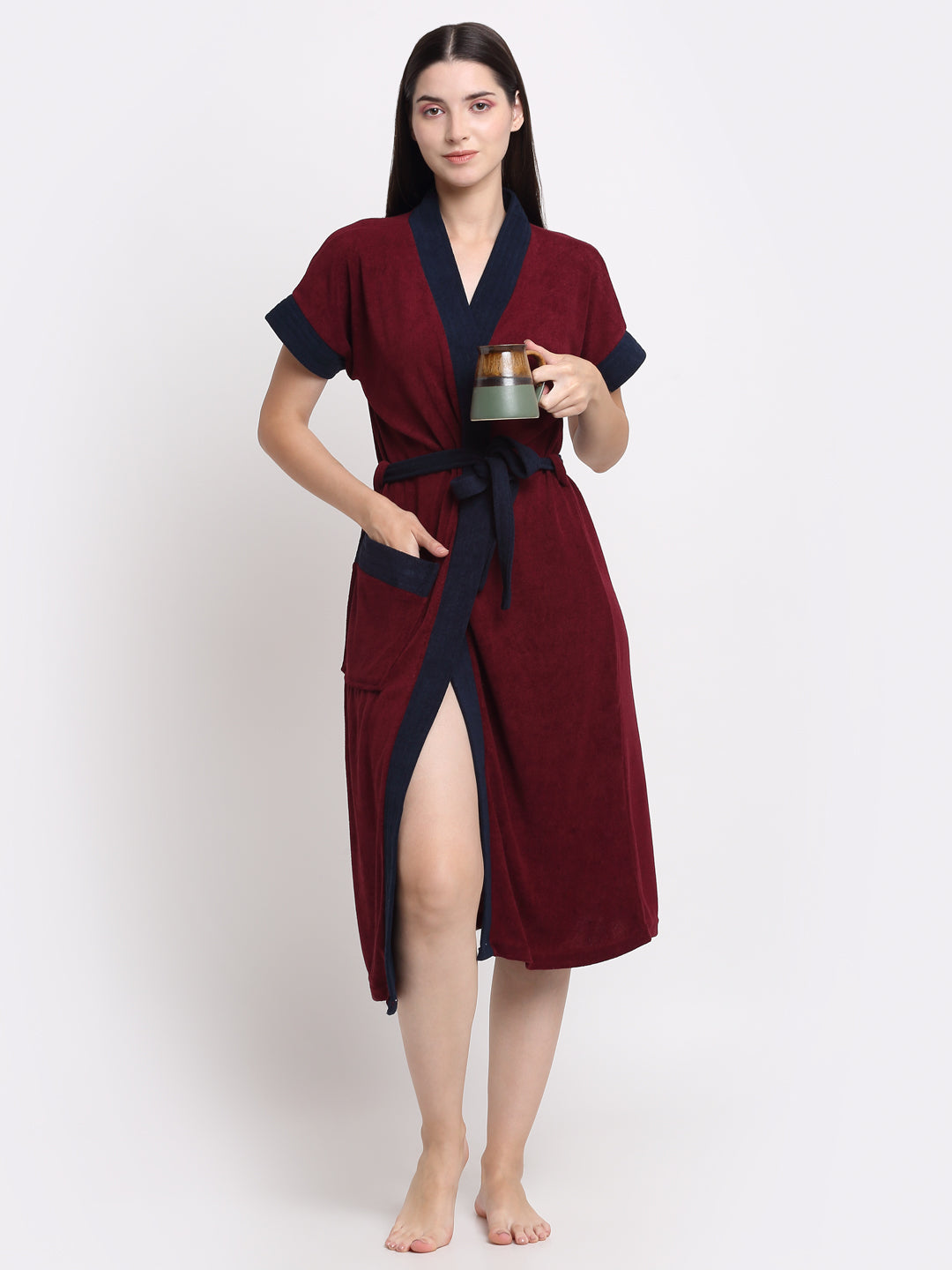 Micro Terry Bathrobe - Wine & Navy | Soft Feel, Half Sleeve