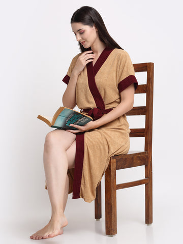 Micro Terry Bathrobe - Camel & Wine | Lightweight, 1 Pocket