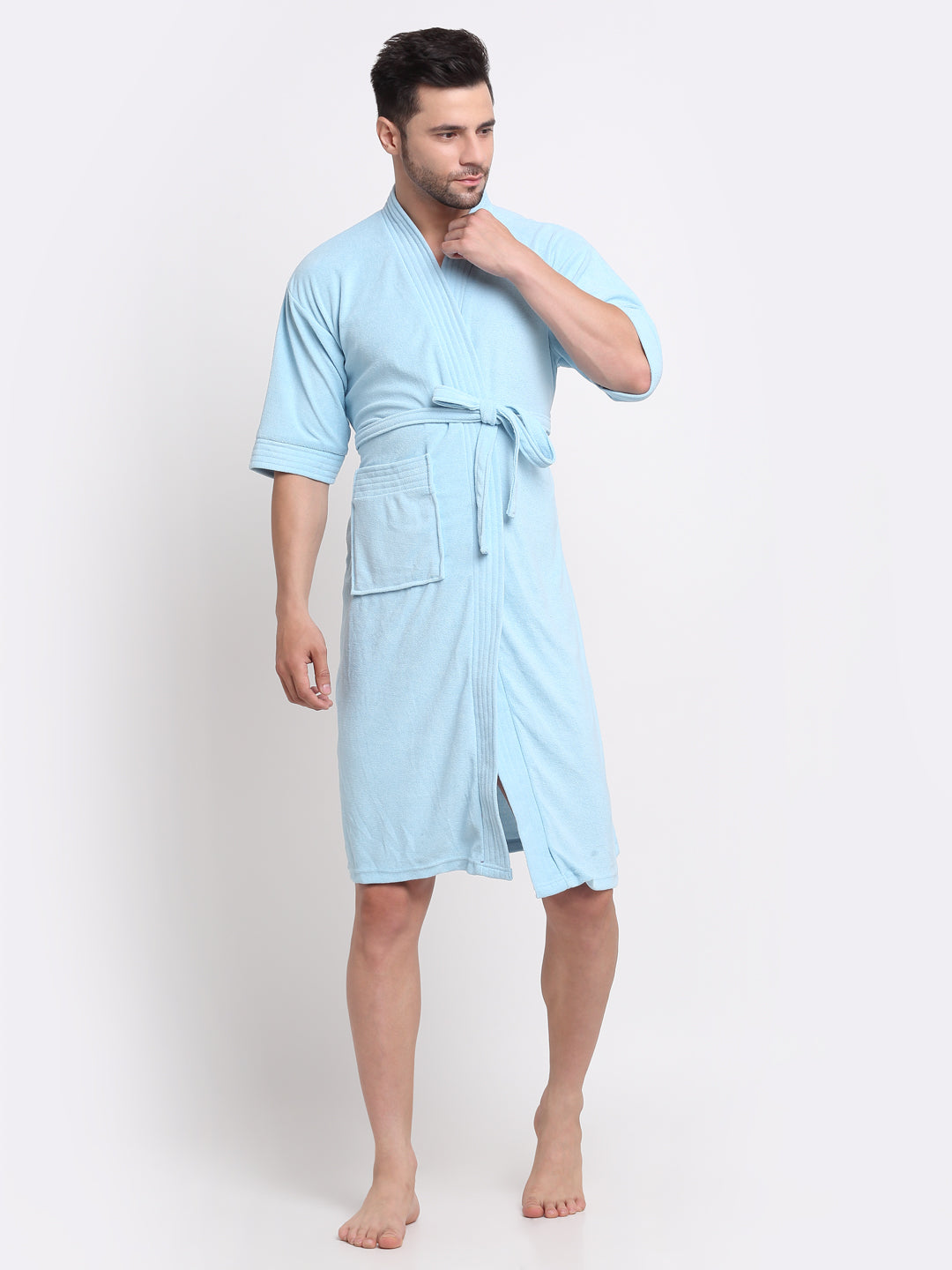 Sky Blue Unisex Terry Bathrobe – Super Soft with Kimono Collar & Pocket