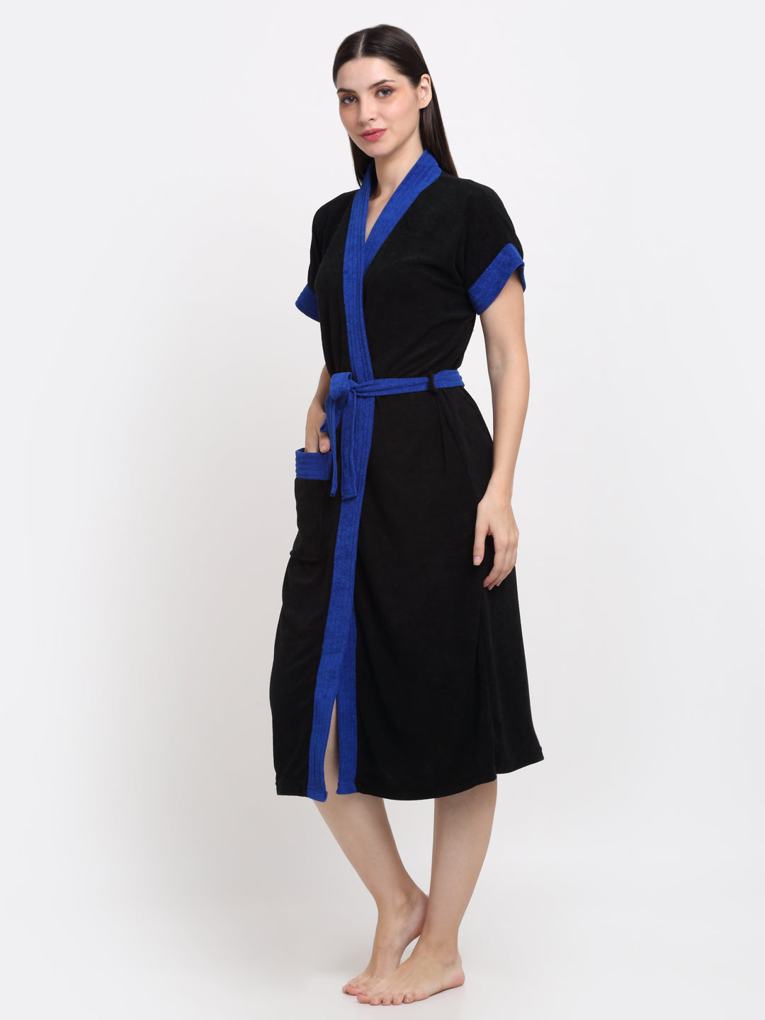 Micro Terry Bathrobe - Black & Turkish Blue | Relax Fit, Soft Texture