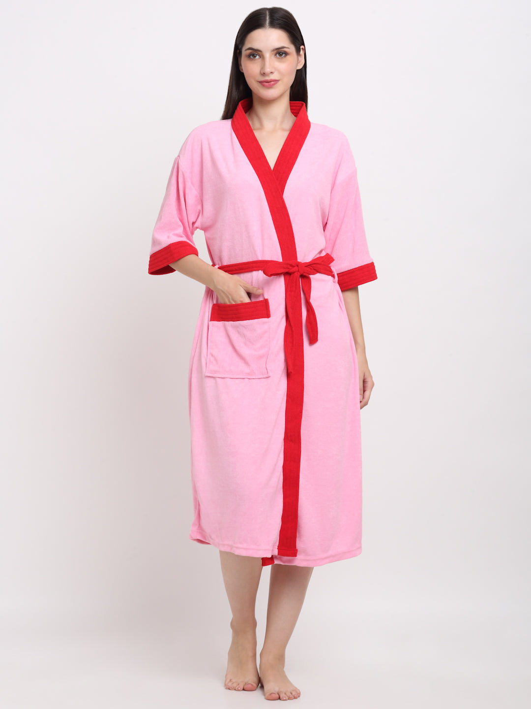 Pink & Red Lounge Robe – Bold Color Duo in Soft Terry Fabric